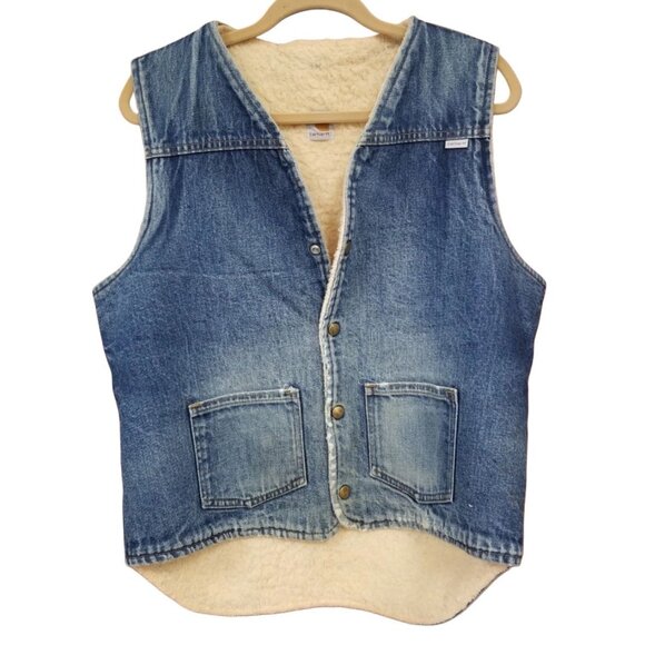 Carhartt Sherpa Lined Denim Jean Snap Vest Vtg 1980s Western Winter Layering XL - Picture 1 of 9